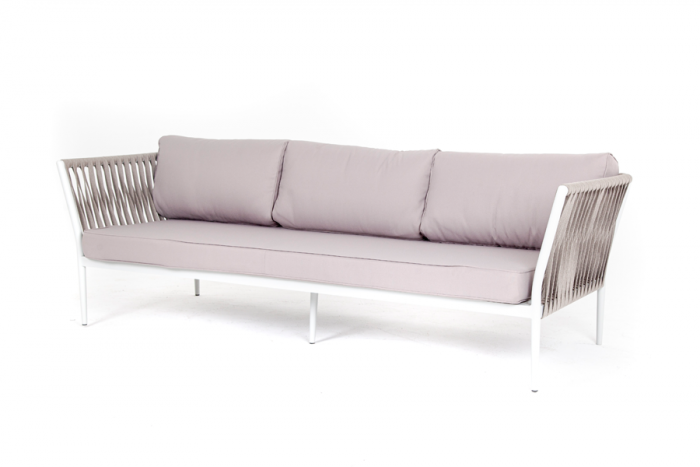 "Касабланка" диван 3-местный плетеный из роупа, каркас алюминий белый муар, роуп бежевый 20мм, ткань