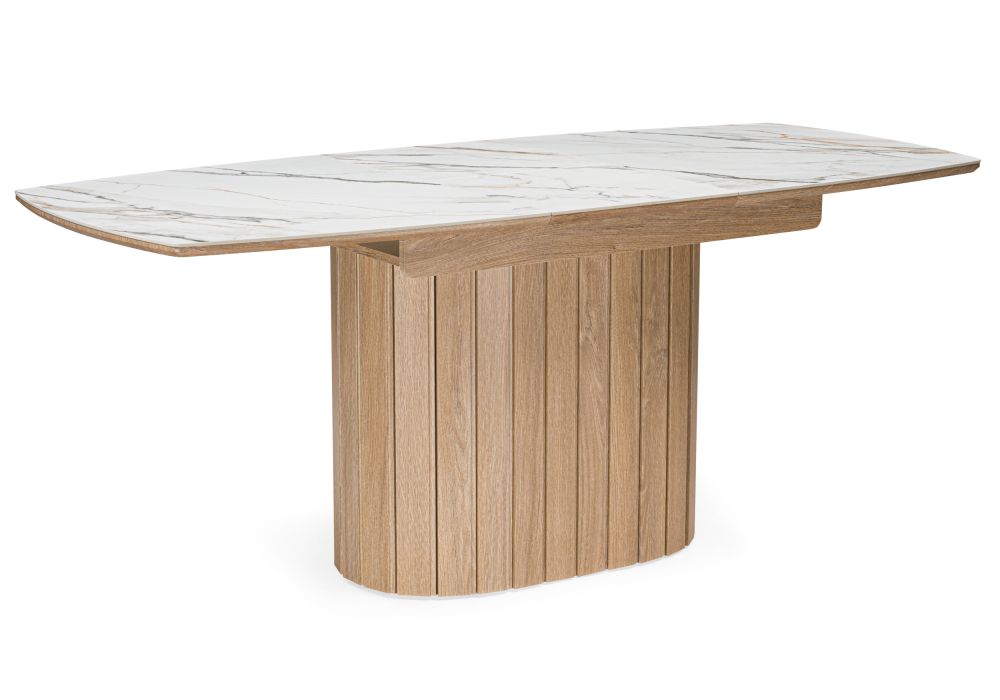 Керамический стол Люмен 140(180)х80 белый с прожилками gilt white - дуб американский