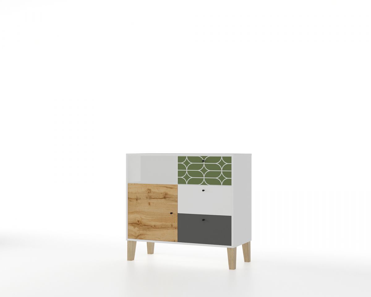 Комод 3 ящика с дверью STORY Овалы, Белый шёлк