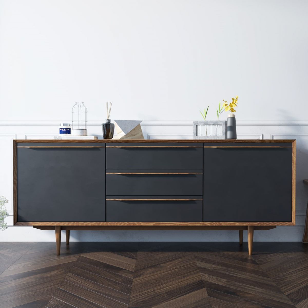 Комод "Brun Black" с тремя ящиками и дверками