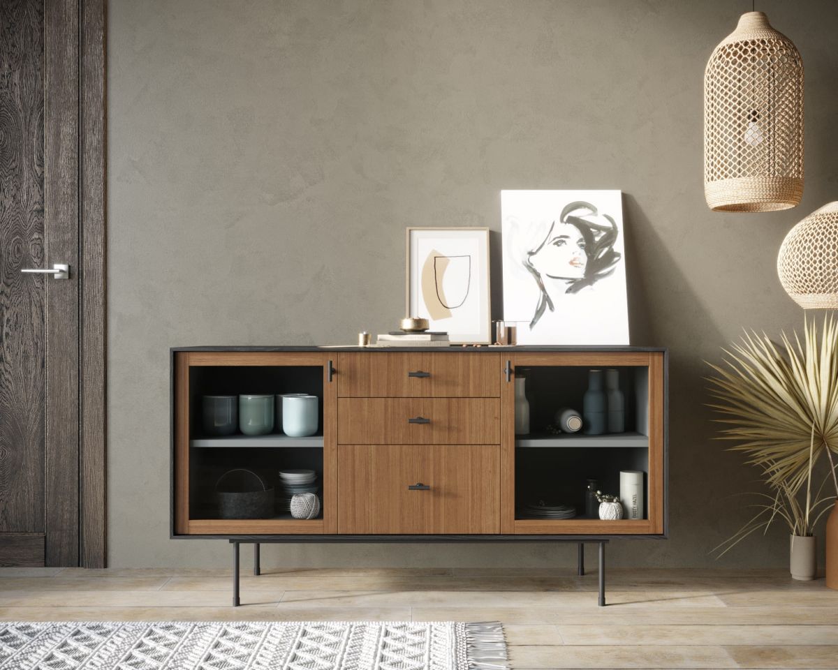 Комод две стеклянные дверки и три ящика "Emerson" арт EM14