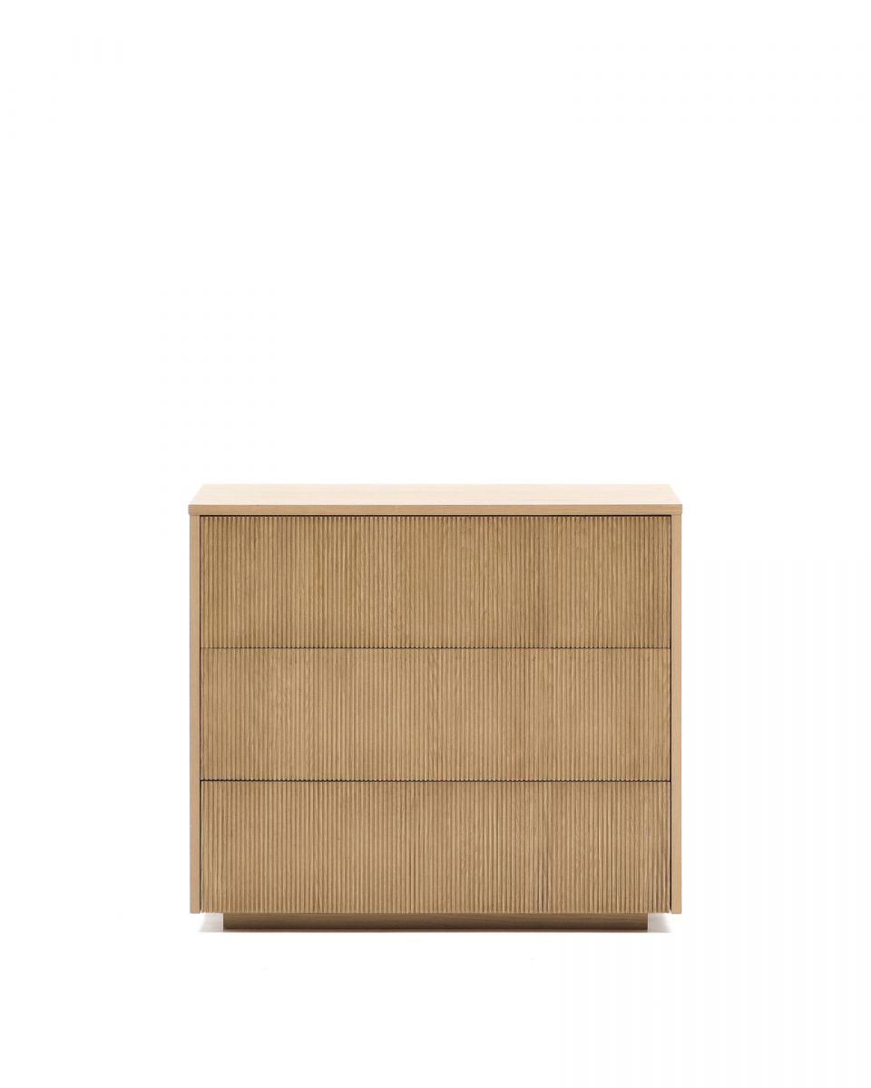 Комод Helvine с 3 ящиками из дубового шпона и закаленного стекла, 86 x 79