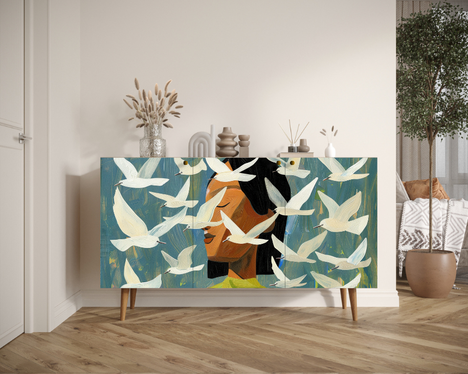 Комод с тремя дверками "Девушка и чайки" арт BB01-Art05