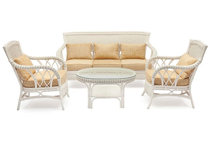 Комплект для отдыха "ANDREA" (диван + 2 кресла + журн. столик со стеклом + подушки) TCH White (белый), Ткань рубчик, цвет кремовый