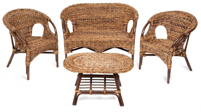 Комплект для отдыха "Mandalino" 05-21 ( диван + 2 кресла + стол овальный ) ротанг, walnut (грецкий орех), плетение-банановые листья