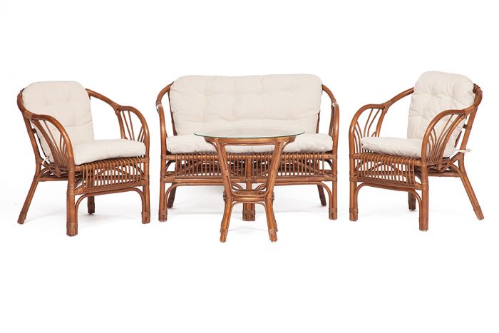 КОМПЛЕКТ " NEW BOGOTA " ( диван + 2 кресла + стол со стеклом ) ротанг, кр:61х67х78,5см, дв:108х66х78,5см, ст:D60х56,5см, coco brown (коричневый кокос)