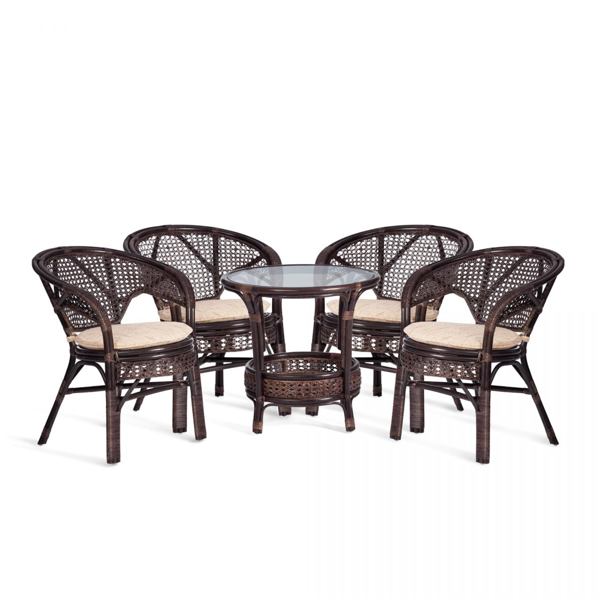 Комплект "PELANGI" 02-15 ( стол со стеклом + 4 кресла ) [с подушками] ротанг, кресло 65х65х77см, ст