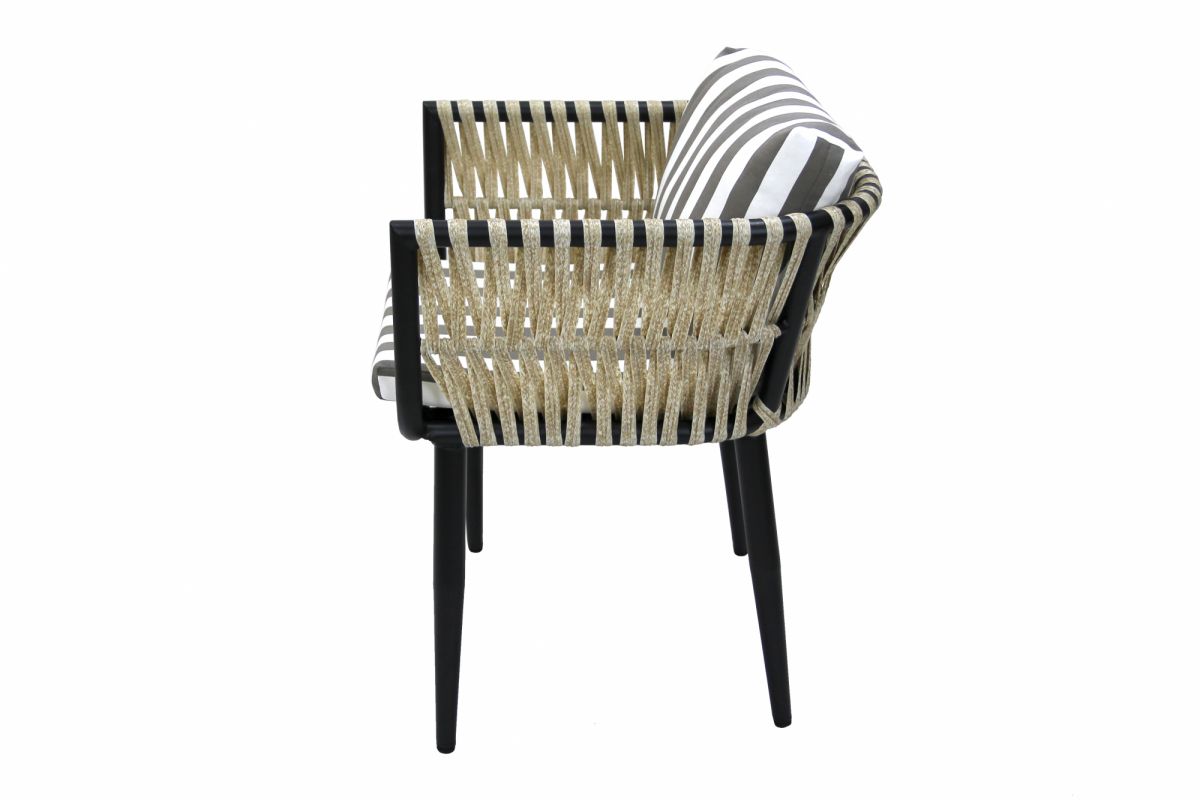 Кресло к набору Монте-Карло арт.MK-MT005-2024 (каркас черный, ротанг жемчуг, ткань ПОЛОСКА) (В)