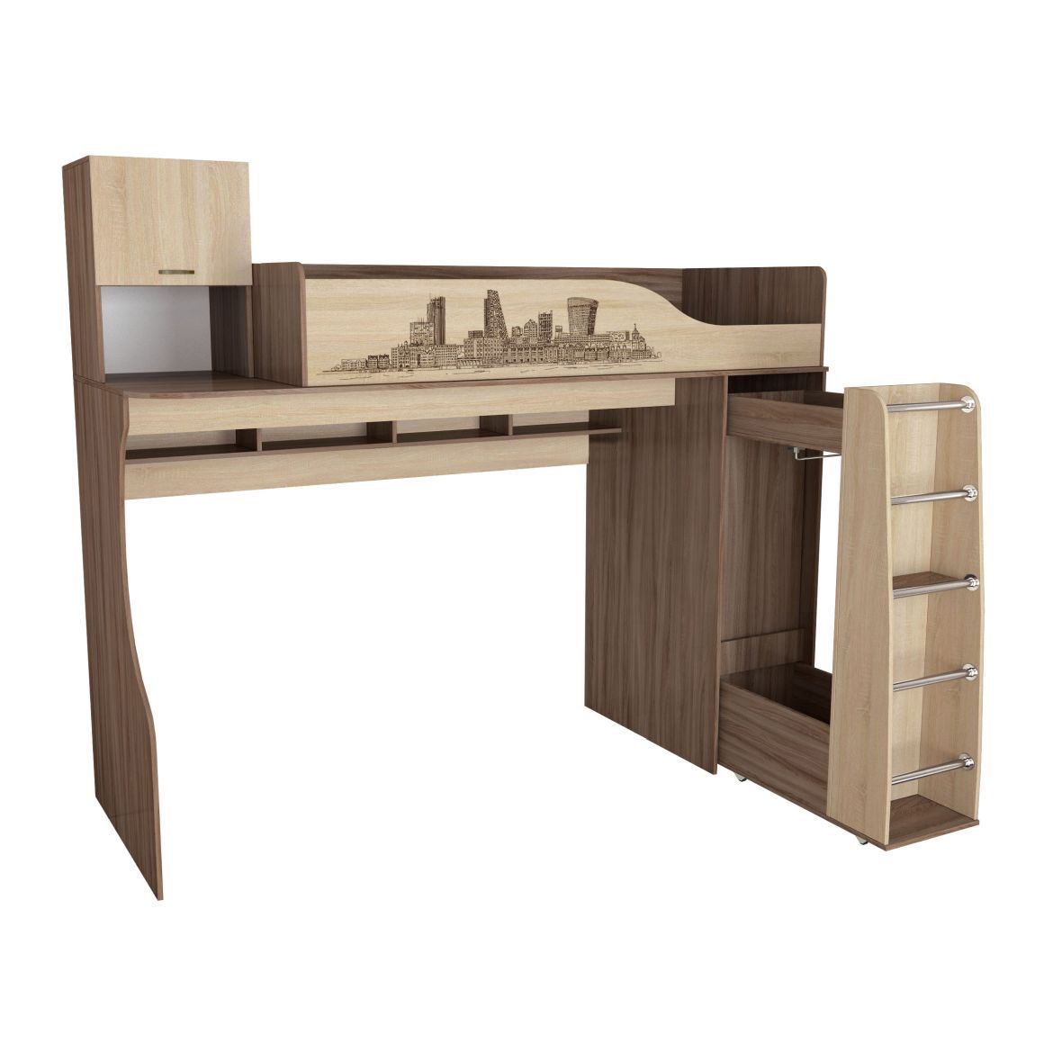 Кровать-чердак Орион (2100х2405х1090) ясень шимо-дуб сонома