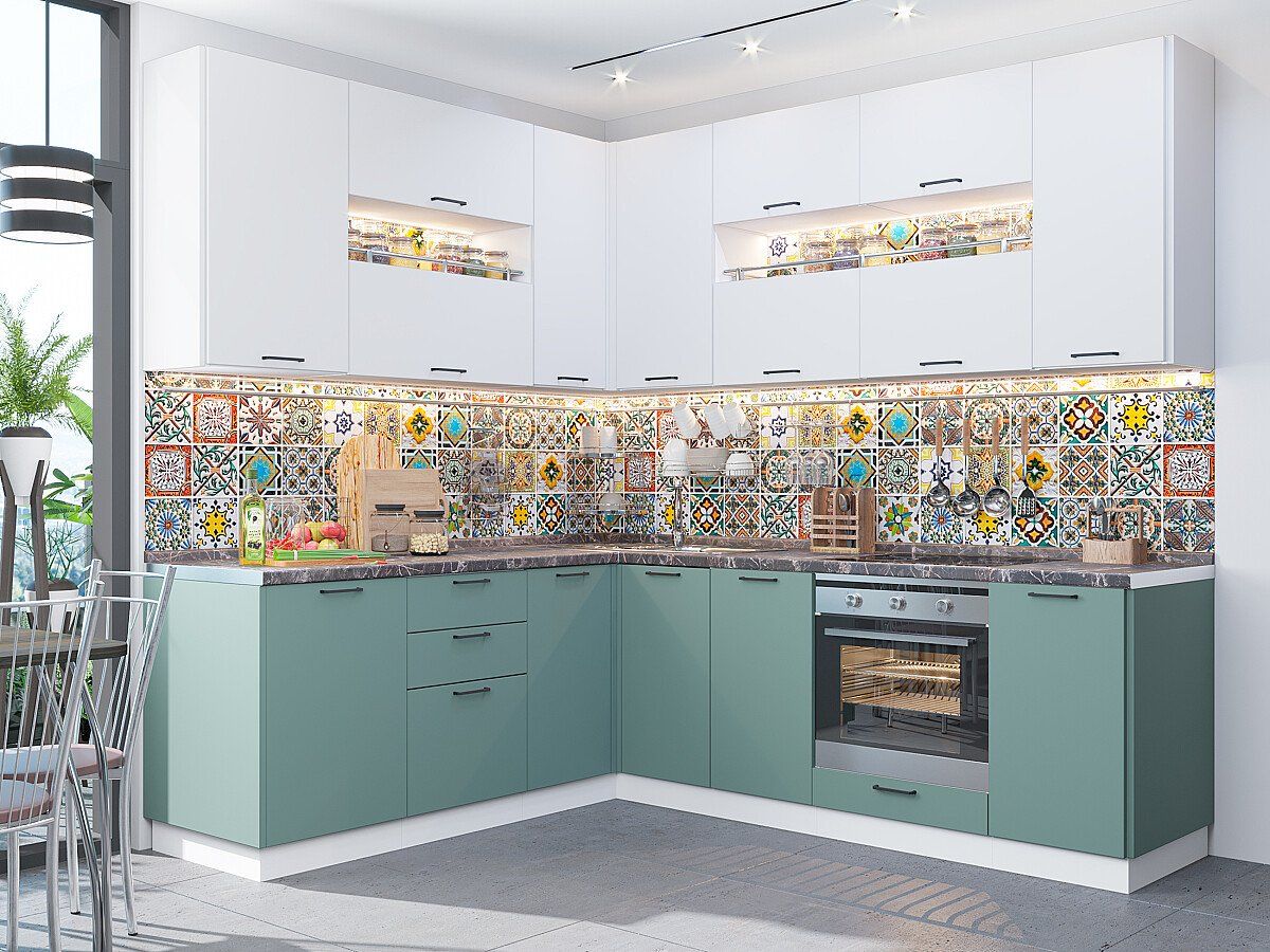 Кухня Флэт-02 White In 2S-Grey-green In 2S, Белый