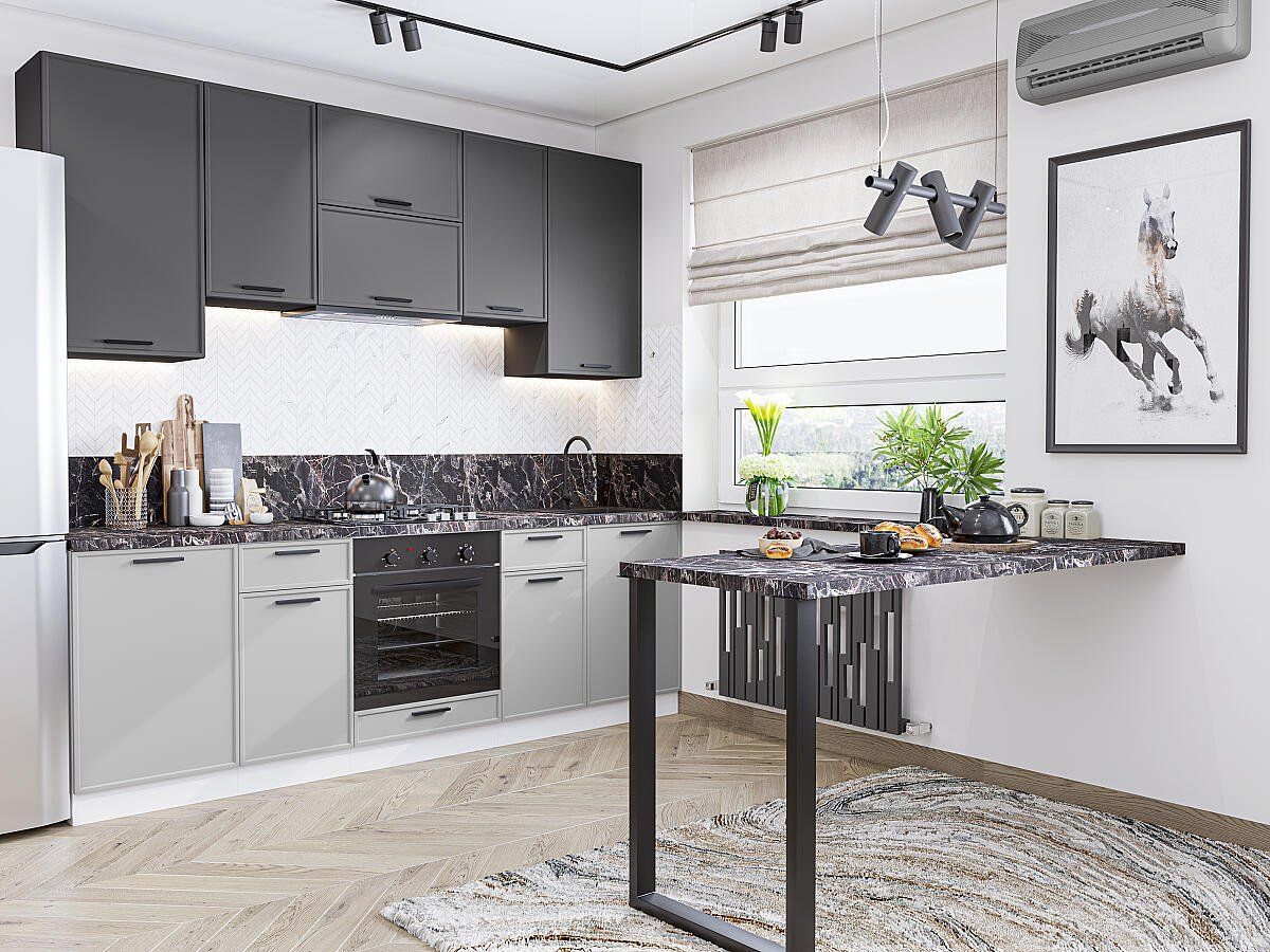 Кухня Фрейм-05 Stormy Silk-Grey Silk, Graphite-Белый