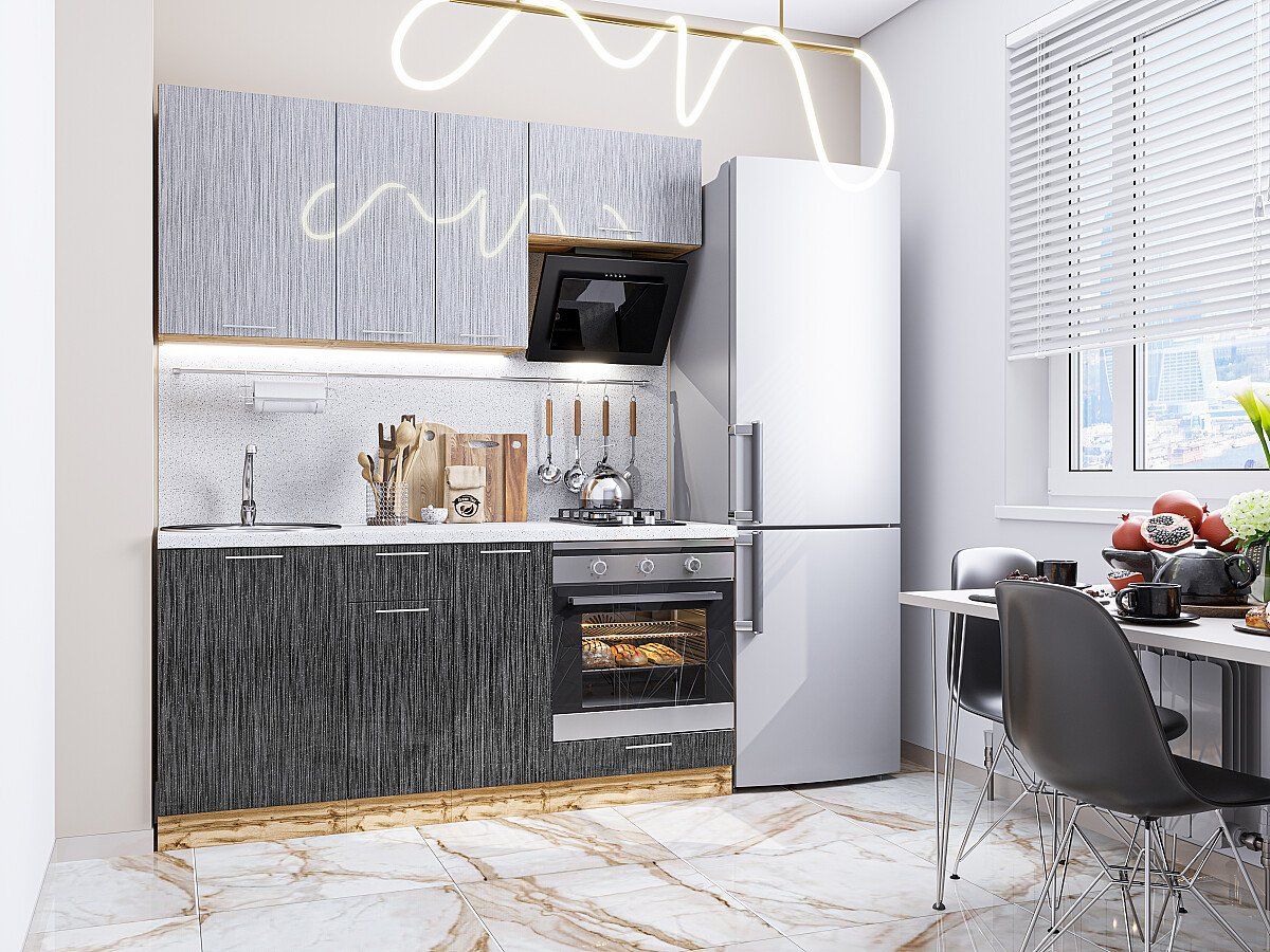 Кухня Валерия-М-06 Серый металлик дождь светлый-Черный металлик дождь, Дуб Вотан