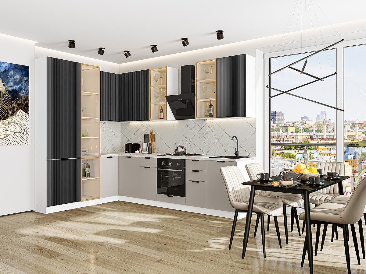 Кухня Евро Лайн-07 Антрацит-Агат, Белый