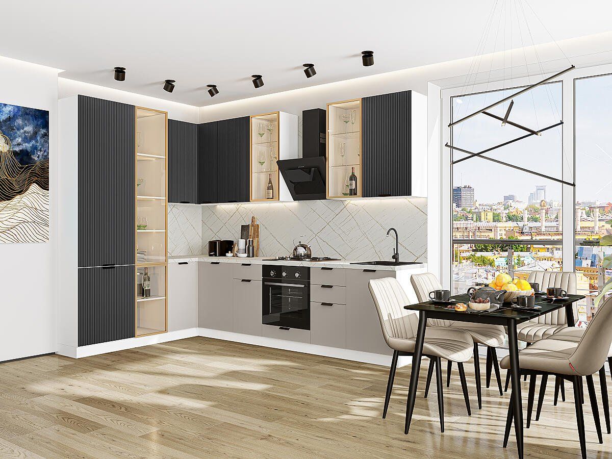 Кухня Евро Лайн-07 Антрацит-Агат, Белый