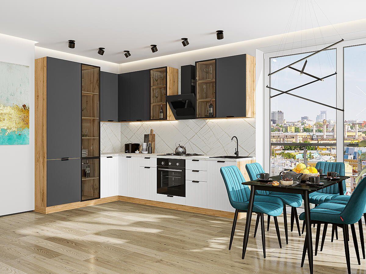 Кухня Евро Лайн-07 Антрацит-Белый, Дуб Вотан