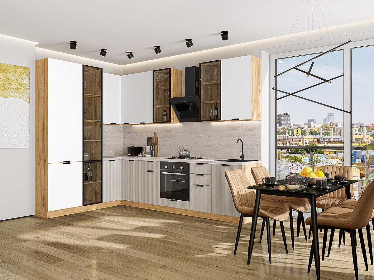 Кухня Евро Лайн-07 Белый-Агат, Дуб Вотан