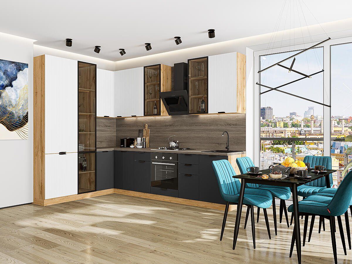 Кухня Евро Лайн-07 Белый-Антрацит, Дуб Вотан