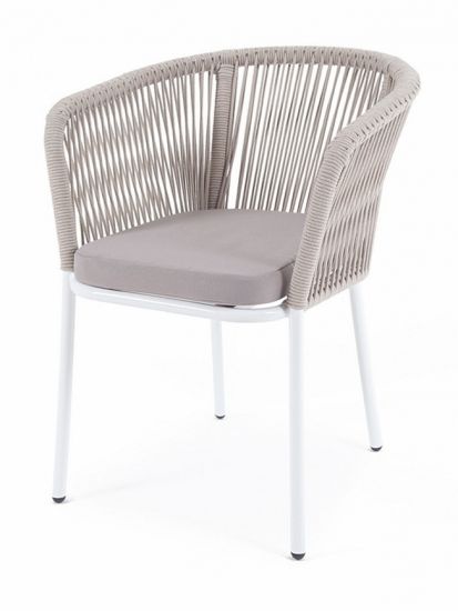 "Марсель" стул плетеный из роупа, каркас алюминий белый, роуп коричневый круглый, ткань бежевая