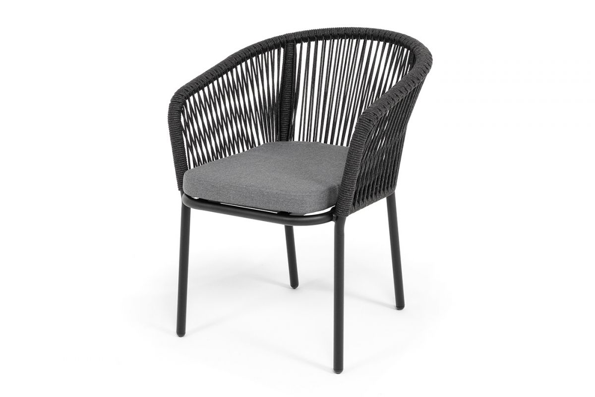 "Марсель" стул плетеный из роупа, каркас алюминий черный муар, роуп темно-серый круглый, ткань темно