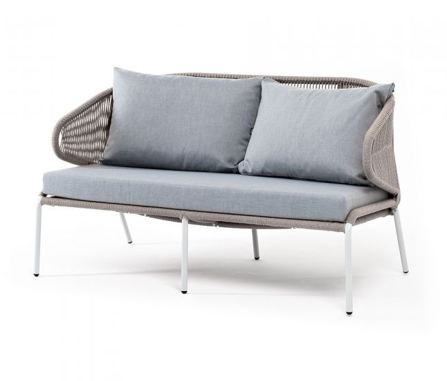 "Милан" диван 2-местный плетеный из роупа, каркас алюминий белый муар, роуп бежевый круглый, ткань б