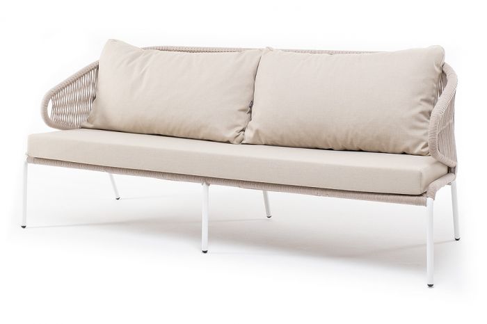 "Милан" диван 3-местный плетеный из роупа, каркас алюминий белый, роуп бежевый круглый, ткань бежева