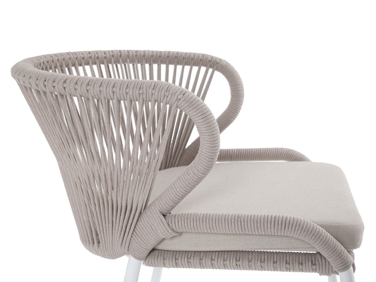 "Милан" стул плетеный из роупа, каркас алюминий белый муар, роуп бежевый круглый, ткань бежевая 1505