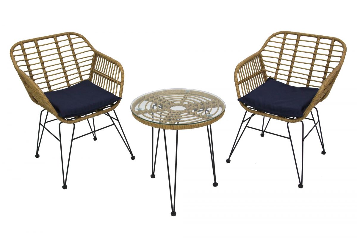 Набор мебели Адриан Мини арт.GS008 бежевый, синий (2 стула+стол Ø52см, каркас черный, ротанг беж.)