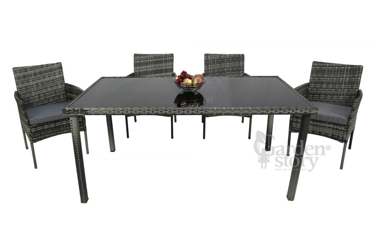 Набор мебели Нестор арт.SFS012-1 серый, серый 3 уп. (стол + 4 стула ротанг серый, подушки серые) "G