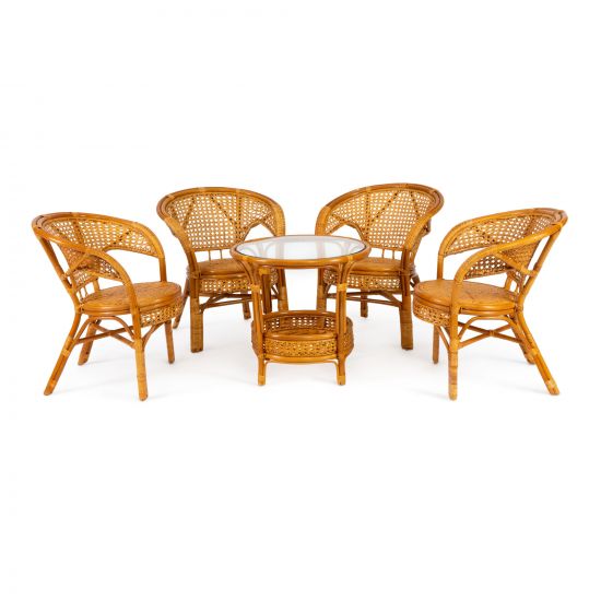 Комплект "PELANGI" 02-15 ( стол со стеклом + 4 кресла ) [без подушек] ротанг, Honey (мед)