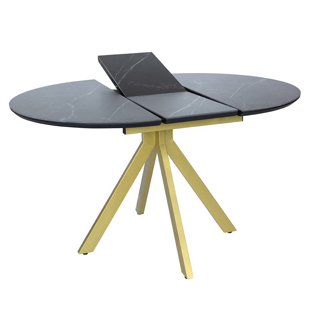 Обеденная группа (Стол Rudolf круглый раскладной 100-130x100x75см, чёрный керамогранит, матовое золото и Стул Paola графит, матовое золото, на поворотном механизме)