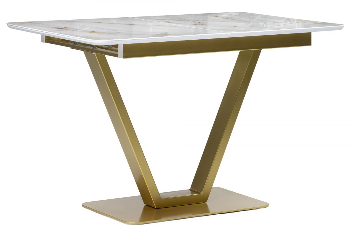 Обеденная группа (Стол стеклянный Бугун 120(160)х80х77 белый - золото и Стул на металлокаркасе Kamelia белый - ткань золотые ножки)