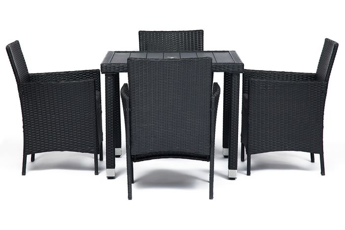 Обеденный сет (стол+4стула) (mod. 210036) пластиковый ротанг, 100х100х74см-60х60х75см, черный, ткань: DB-16, серый