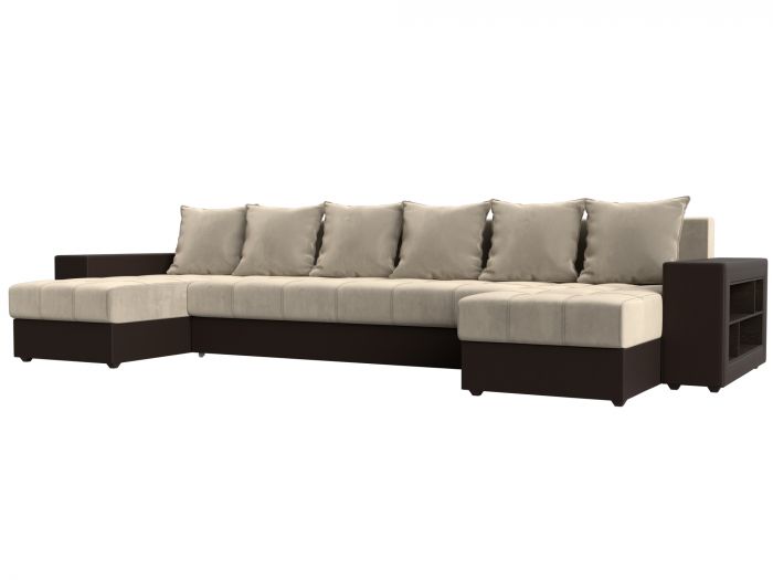 31510R П-образный диван Дубай полки справа | Микровельвет | Экокожа | бежевый | коричневый