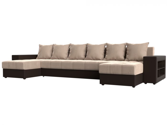 110618R П-образный диван Дубай полки справа | Велюр | Экокожа | бежевый | коричневый