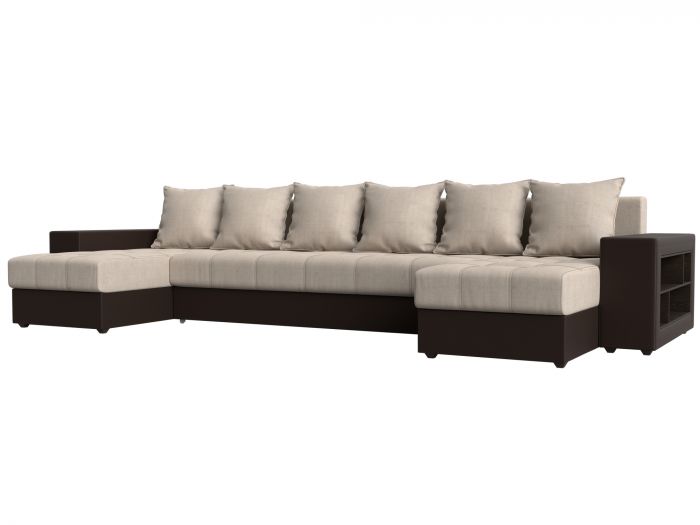 31515R П-образный диван Дубай полки справа | Рогожка | Экокожа | бежевый | коричневый