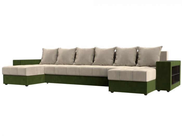 110597R П-образный диван Дубай полки справа | Микровельвет | бежевый | зеленый