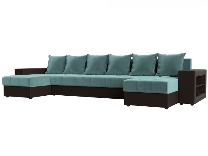 110616R П-образный диван Дубай полки справа | Велюр | Экокожа | Бирюзовый | Коричневый