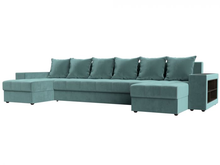 110608R П-образный диван Дубай полки справа | Велюр | бирюзовый