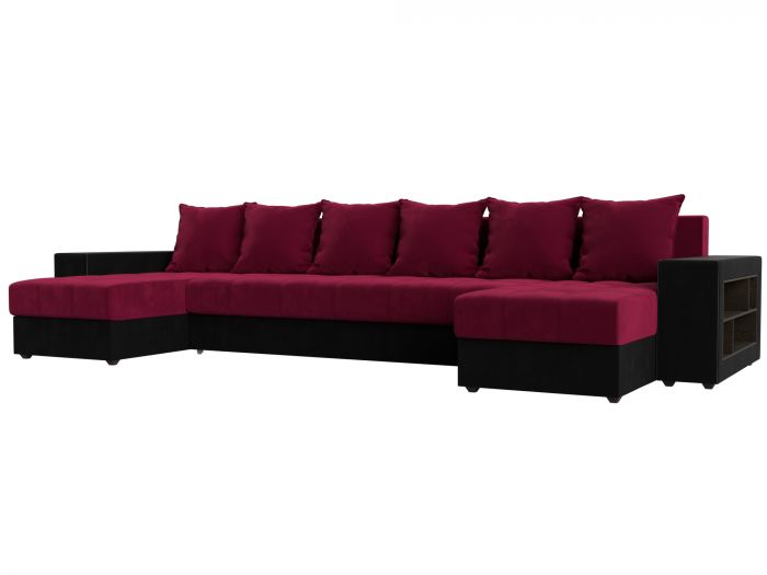 110604R П-образный диван Дубай полки справа | Микровельвет | Бордовый | Черный