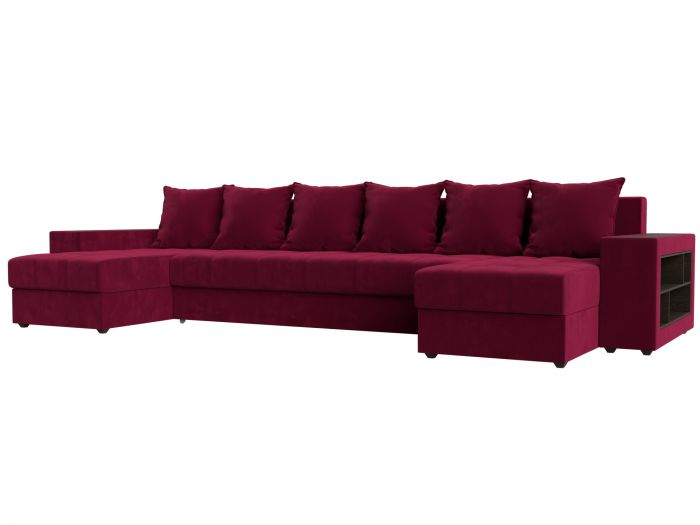 110594R П-образный диван Дубай полки справа | Микровельвет | Бордовый