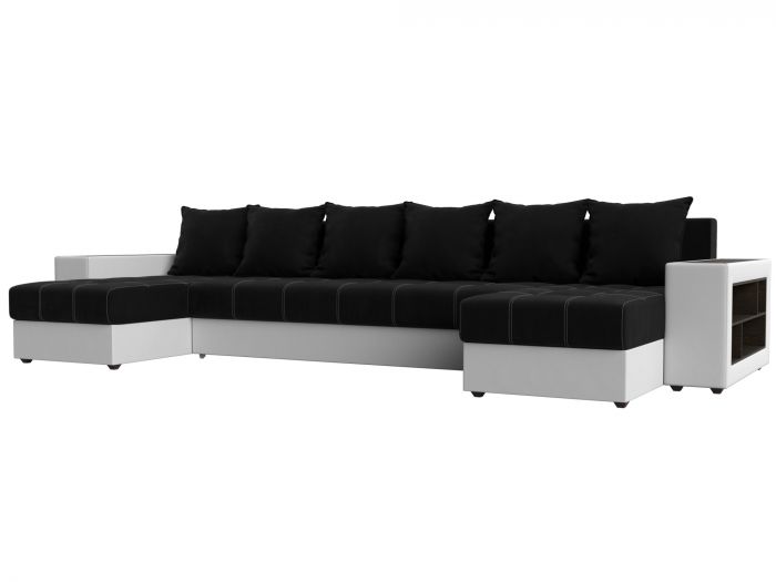 31514R П-образный диван Дубай полки справа | Микровельвет | Экокожа | Черный | Белый