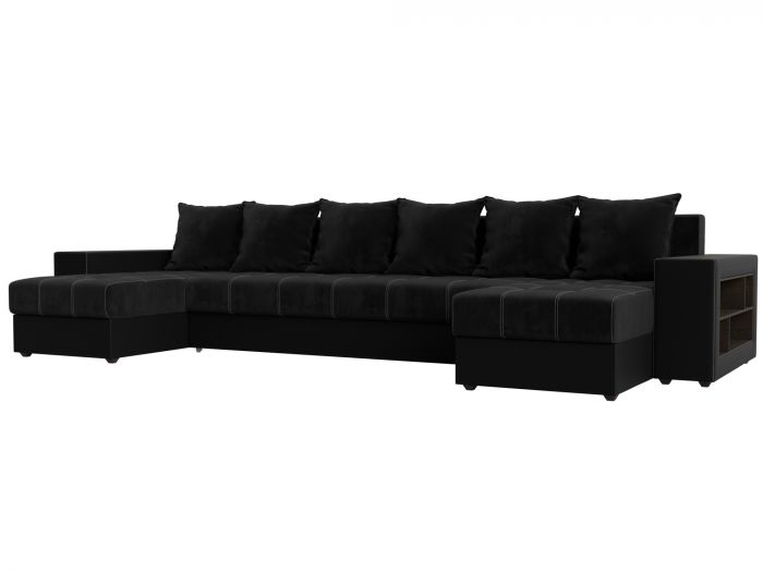 110620R П-образный диван Дубай полки справа | Велюр | Экокожа | черный | черный