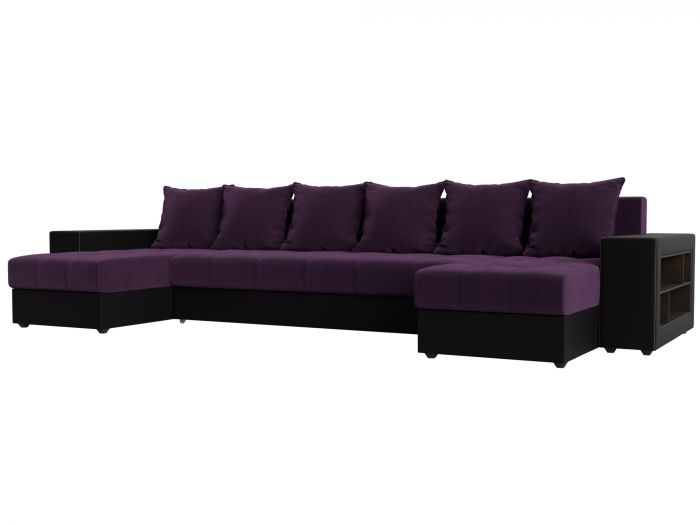 110614R П-образный диван Дубай полки справа | Велюр | Экокожа | Фиолетовый | Черный