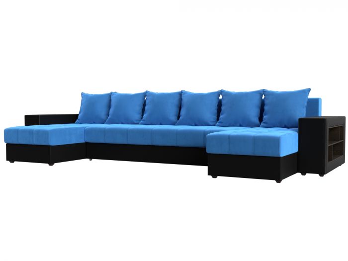 110621R П-образный диван Дубай полки справа | Велюр | Экокожа | голубой | черный