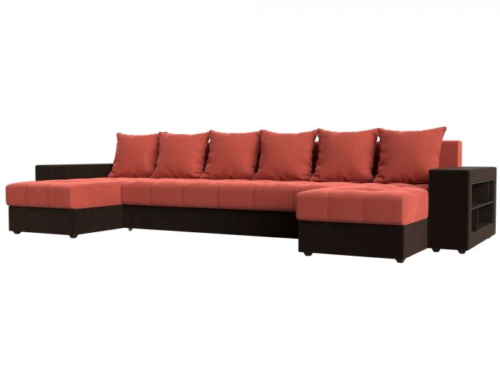110601R П-образный диван Дубай полки справа | Микровельвет | Коралловый | Коричневый