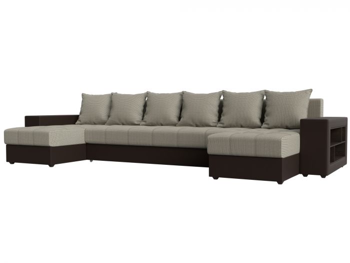 110579R П-образный диван Дубай полки справа | Рогожка | Экокожа | Корфу 02 | коричневый