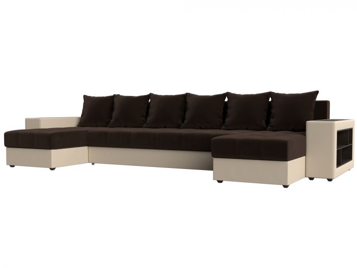 31512R П-образный диван Дубай полки справа | Микровельвет | Экокожа | Коричневый | Бежевый