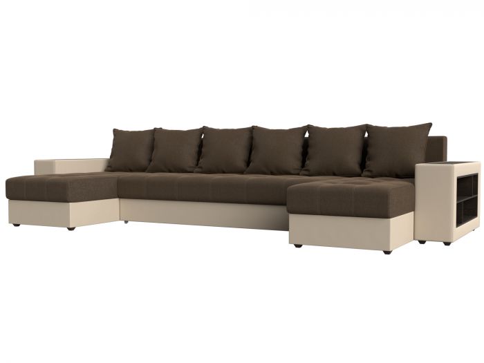 31516R П-образный диван Дубай полки справа | Рогожка | Экокожа | Коричневый | Бежевый