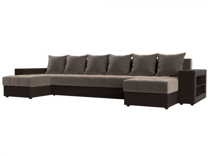 110615R П-образный диван Дубай полки справа | Велюр | Экокожа | коричневый | коричневый
