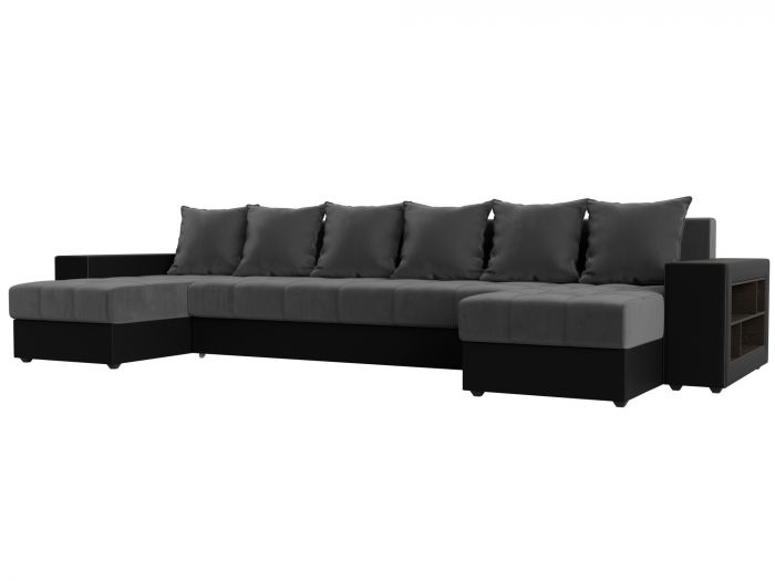 110619R П-образный диван Дубай полки справа | Велюр | Экокожа | Серый | черный